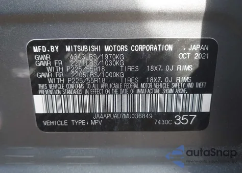 2021 Mitsubishi Outlander Sport 2.0 Be 2Wd/2.0 Es 2Wd/2.0 Le 2Wd/2.0 S 2Wd z USA, uszkodzony, nr VIN JA4APUAU7MU036849